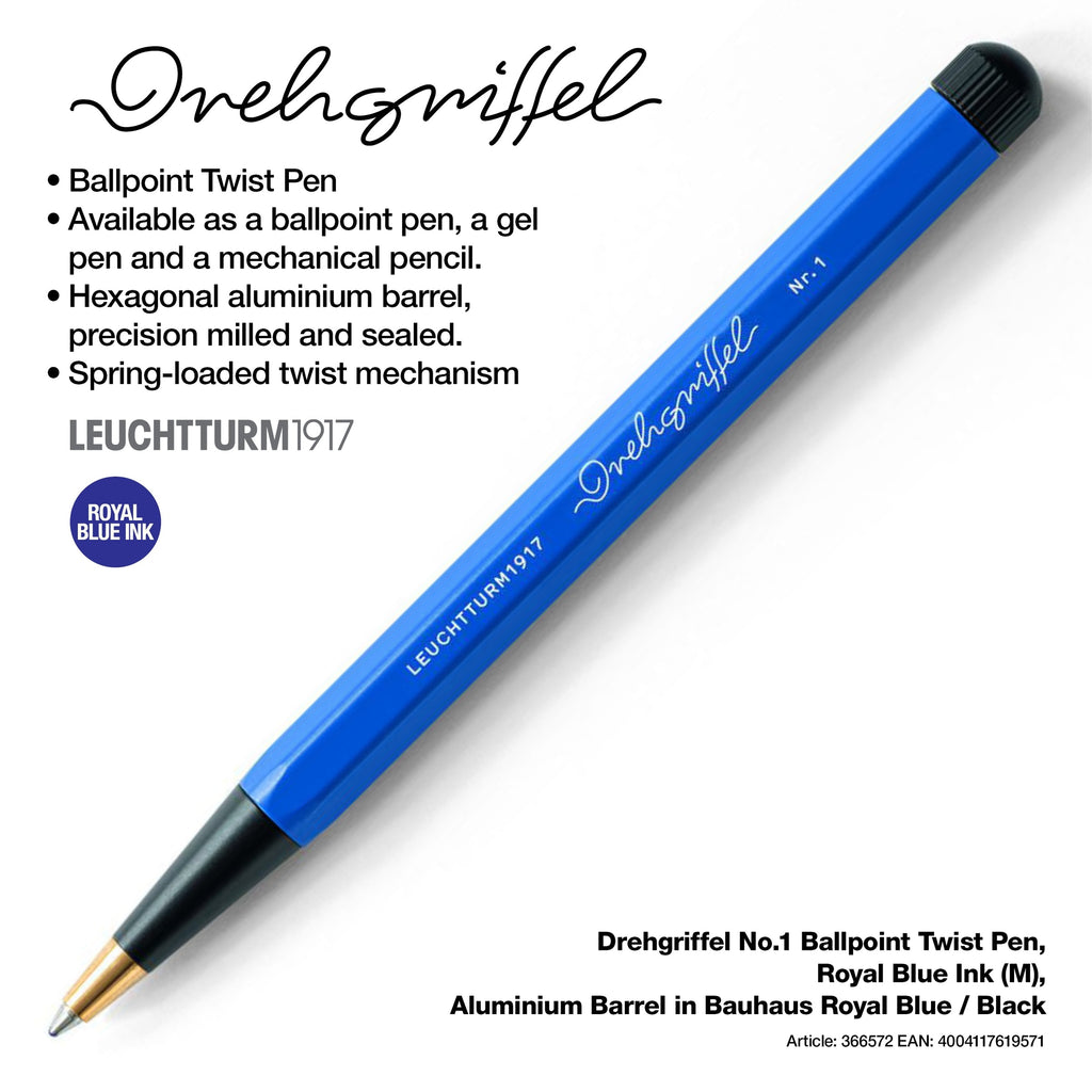 LEUCHTTURM1917 Ball Point Pen with Royal Blue Ink | Bauhaus Edition | Drehgriffel No. 1 | Royal Blue/Black | Twist Mechanism