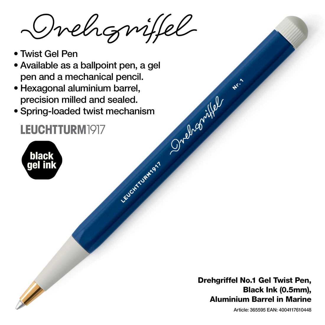 LEUCHTTURM1917 Gel Pen with Document Proof Black Ink | Drehgriffel No. 1 | Navy Blue| Twist Mechanism