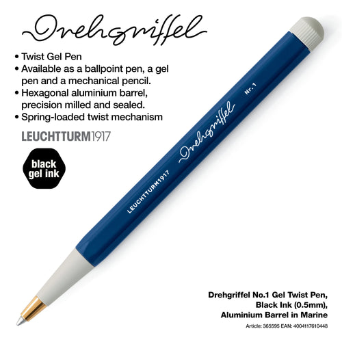 LEUCHTTURM1917 Gel Pen with Document Proof Black Ink | Drehgriffel No. 1 | Navy Blue| Twist Mechanism