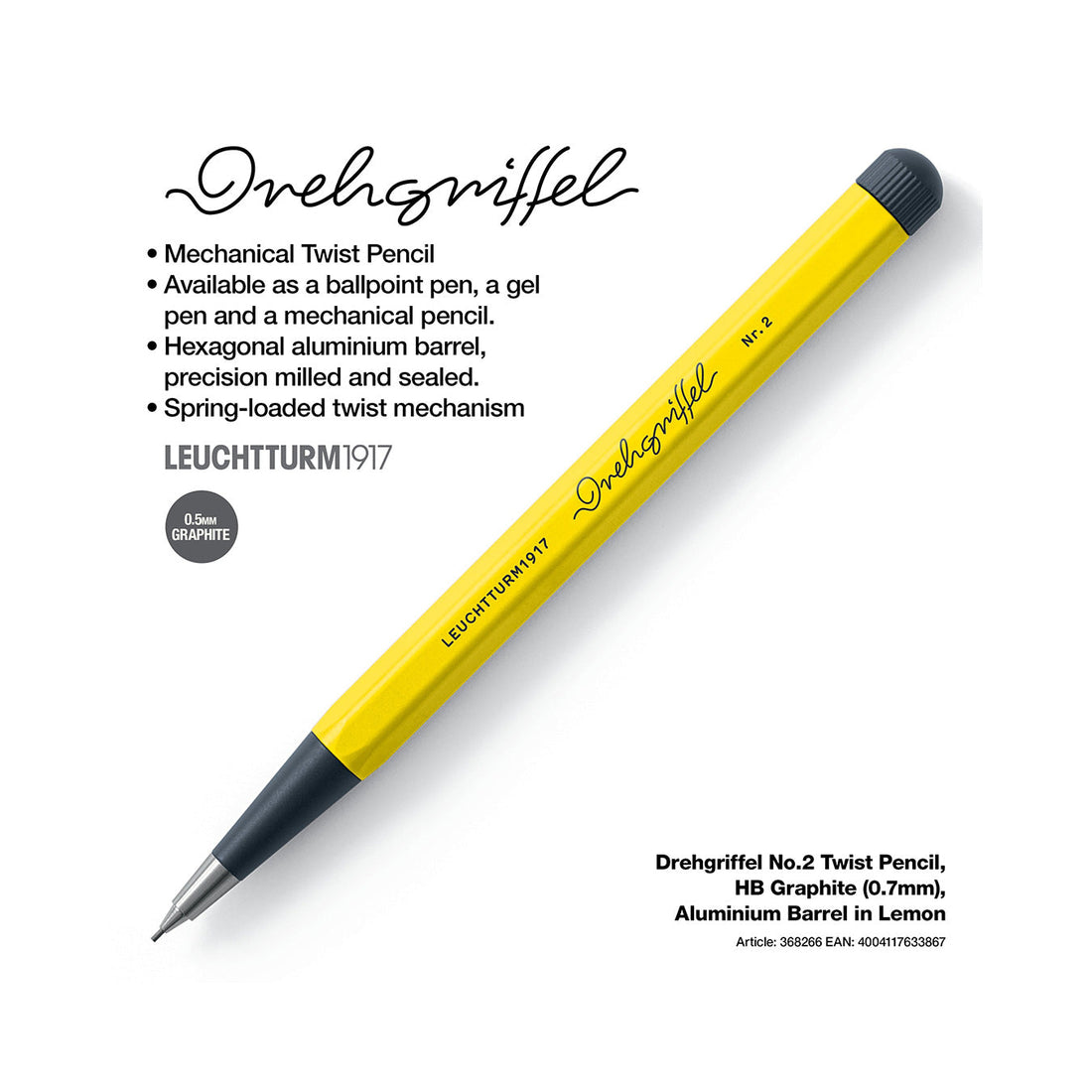 LEUCHTTURM1917 0.7mm Mechanical Clutch Pencil | Graphite HB Lead | Drehgriffel No. 2 | Lemon Yellow | Twist Mechanism