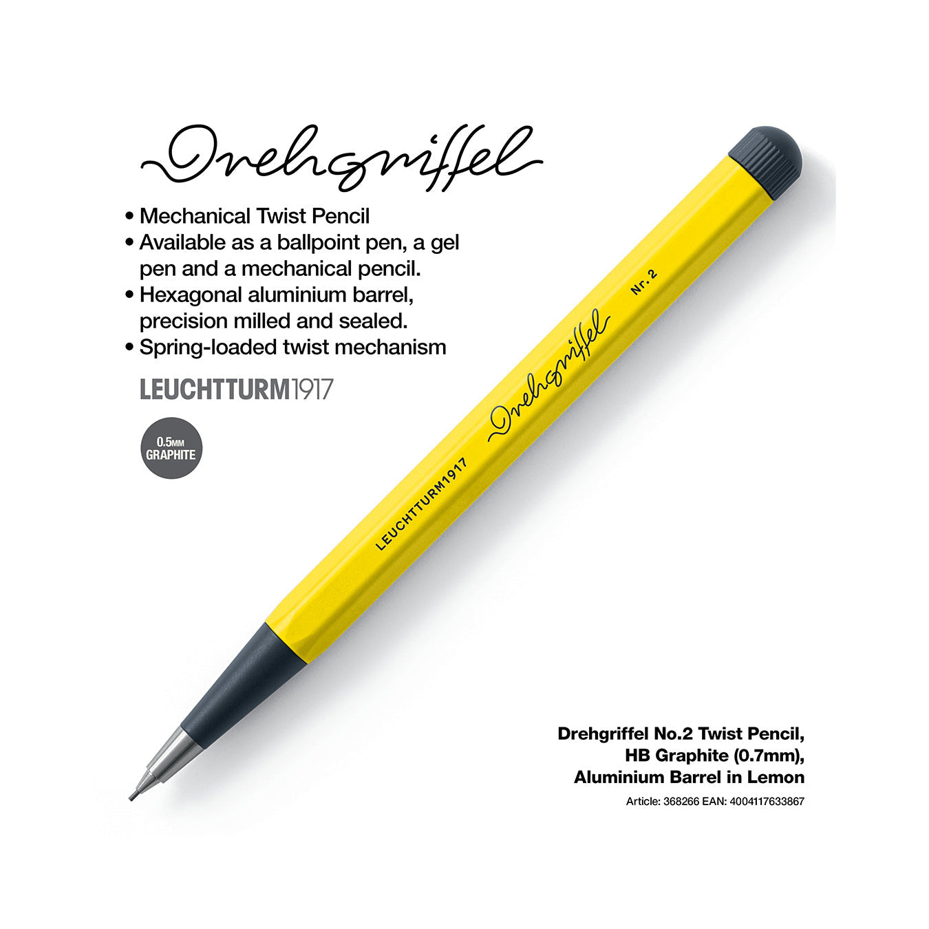 LEUCHTTURM1917 0.7mm Mechanical Clutch Pencil | Graphite HB Lead | Drehgriffel No. 2 | Lemon Yellow | Twist Mechanism