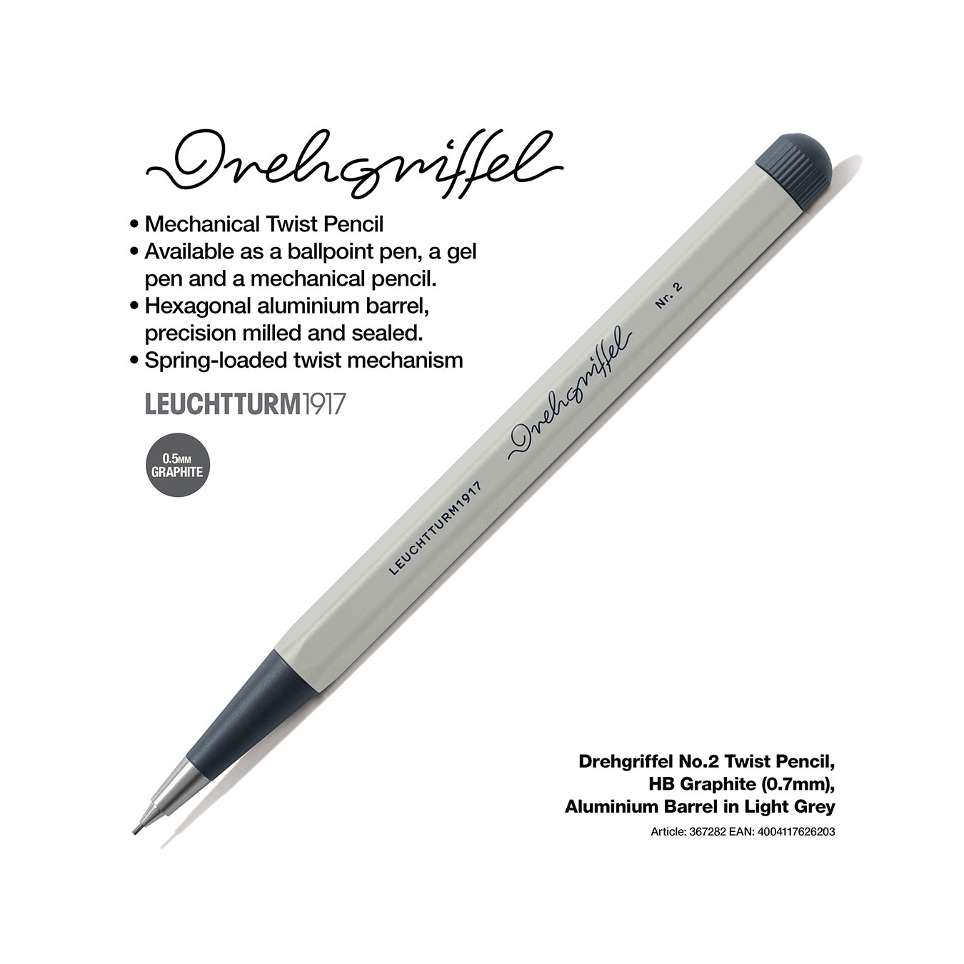 LEUCHTTURM1917 0.7mm Mechanical Clutch Pencil | Graphite HB Lead | Drehgriffel No. 2 | Light Grey | Twist Mechanism