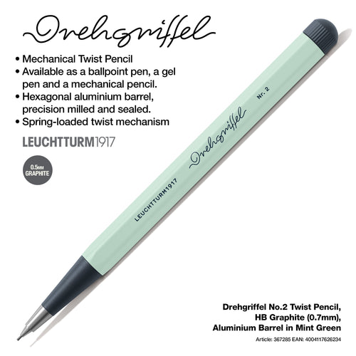 LEUCHTTURM1917 0.7mm Mechanical Clutch Pencil | Graphite HB Lead | Drehgriffel No. 2 | Mint Green | Twist Mechanism