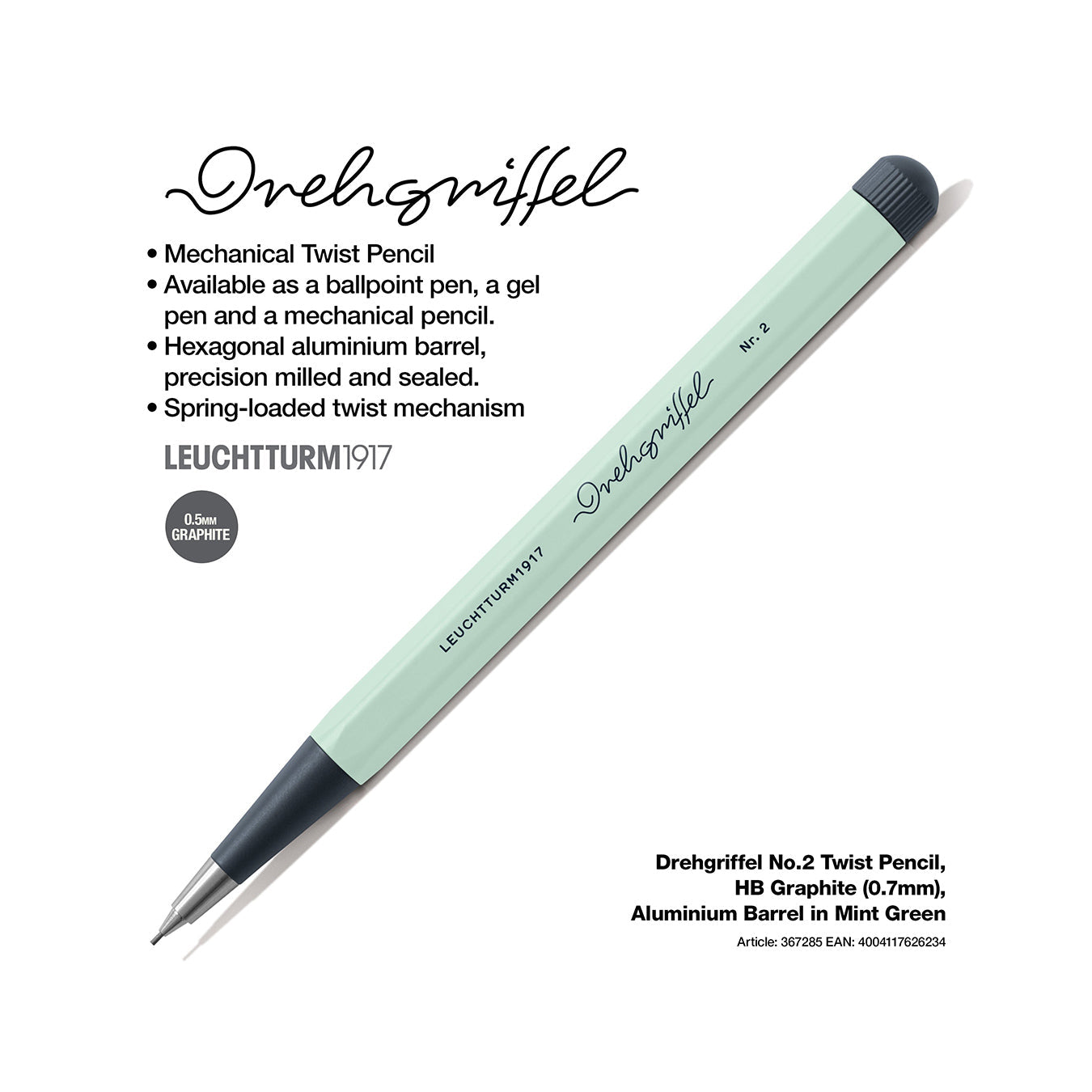 LEUCHTTURM1917 0.7mm Mechanical Clutch Pencil | Graphite HB Lead | Drehgriffel No. 2 | Mint Green | Twist Mechanism