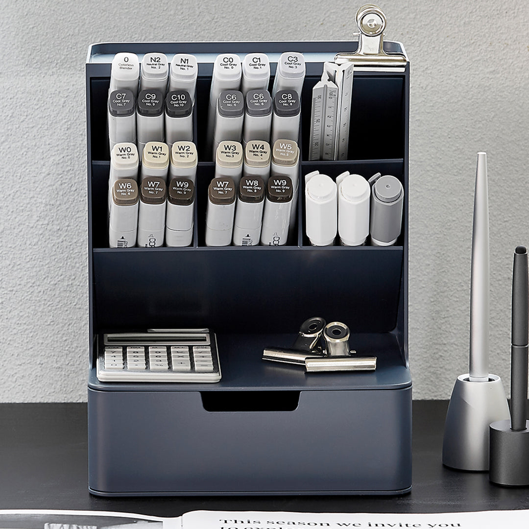 Sysmax | Hive Desk Organizer with 6 Compartments |1 Drawer| White| For Office & Home