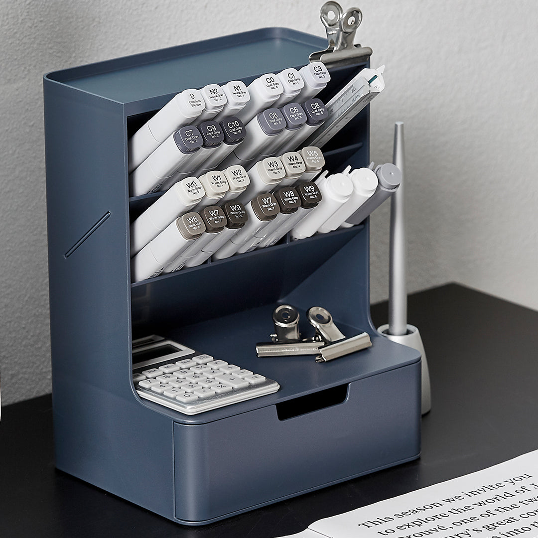 Sysmax | Hive Desk Organizer with 6 Compartments |1 Drawer| Cobalt Green| For Office & Home