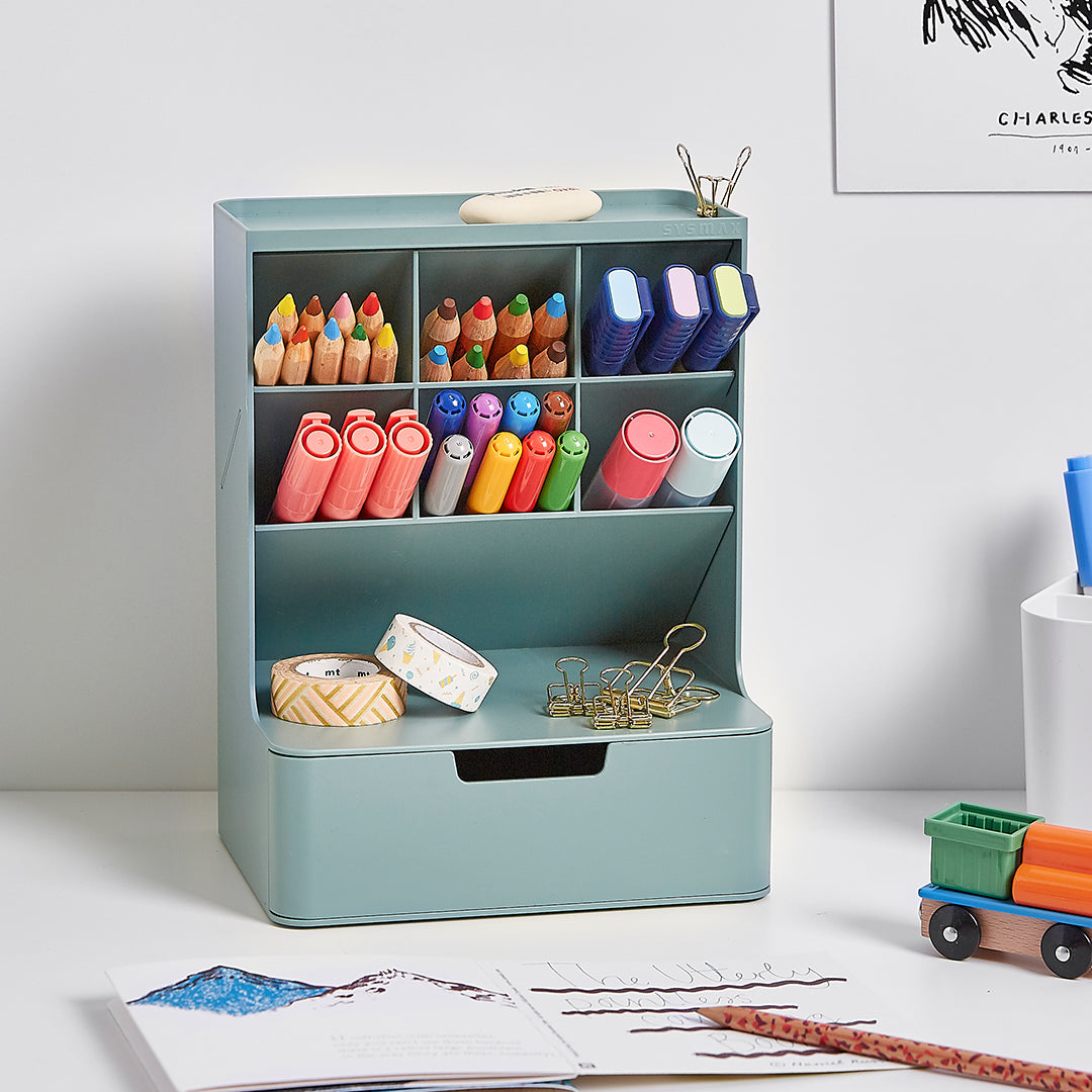 Sysmax | Hive Desk Organizer with 6 Compartments |1 Drawer| Cobalt Green| For Office & Home