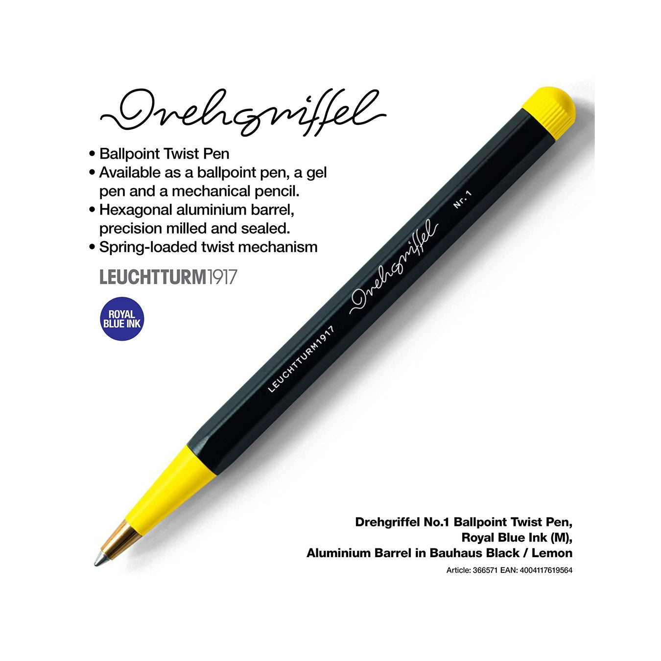 LEUCHTTURM1917 Ball Point Pen with Royal Blue Ink | Bauhaus Edition | Drehgriffel No. 1 | Black/Lemon | Twist Mechanism