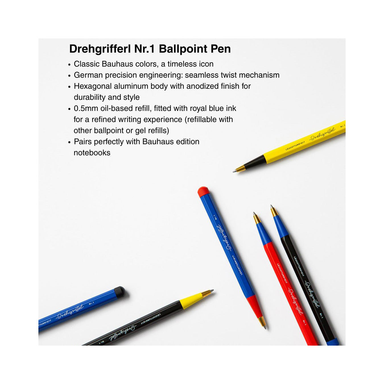 LEUCHTTURM1917 Ball Point Pen with Royal Blue Ink | Bauhaus Edition | Drehgriffel No. 1 | Black/Royal Blue | Twist Mechanism