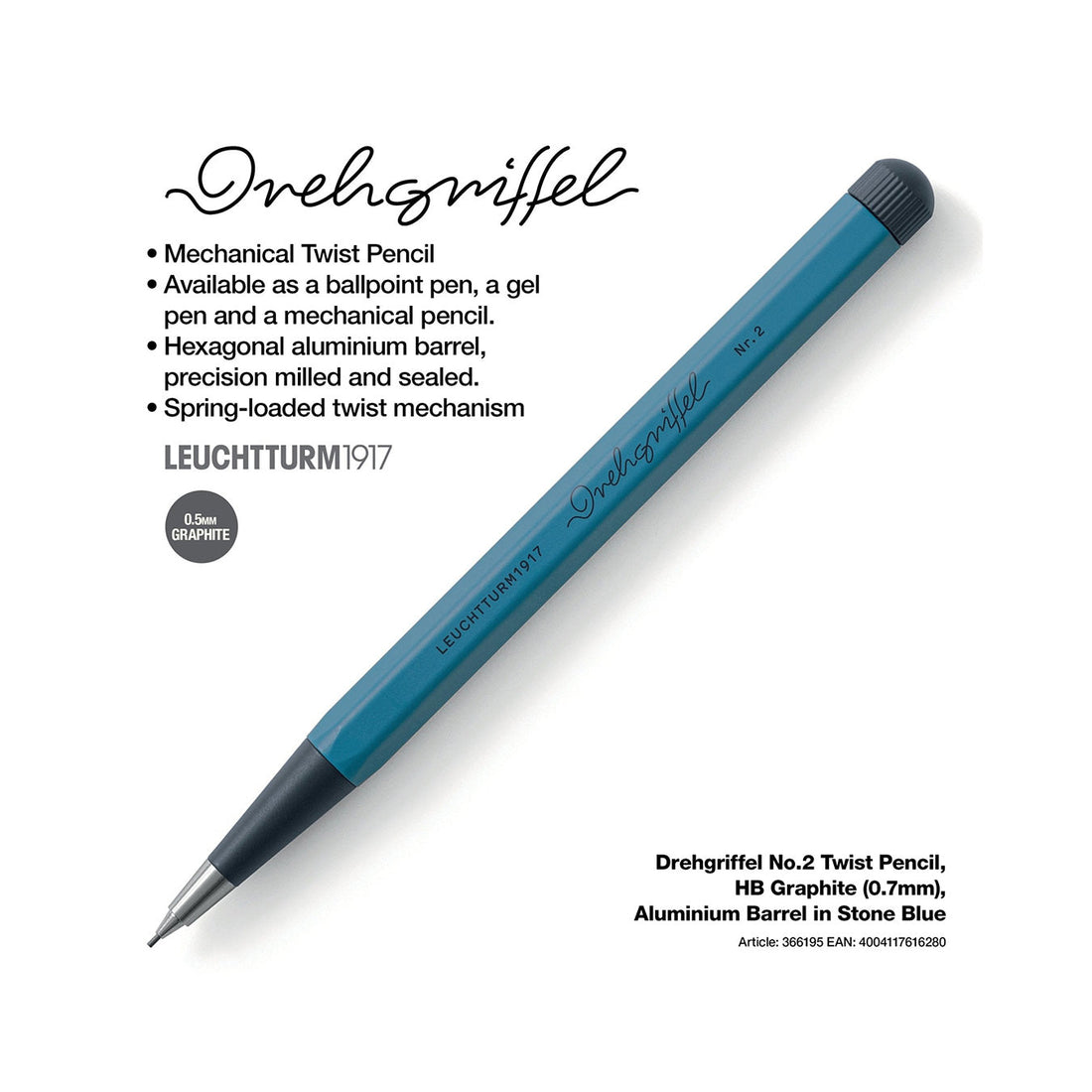 LEUCHTTURM1917 0.7mm Mechanical Clutch Pencil | Graphite HB Lead | Drehgriffel No. 2 | Stone Blue | Twist Mechanism