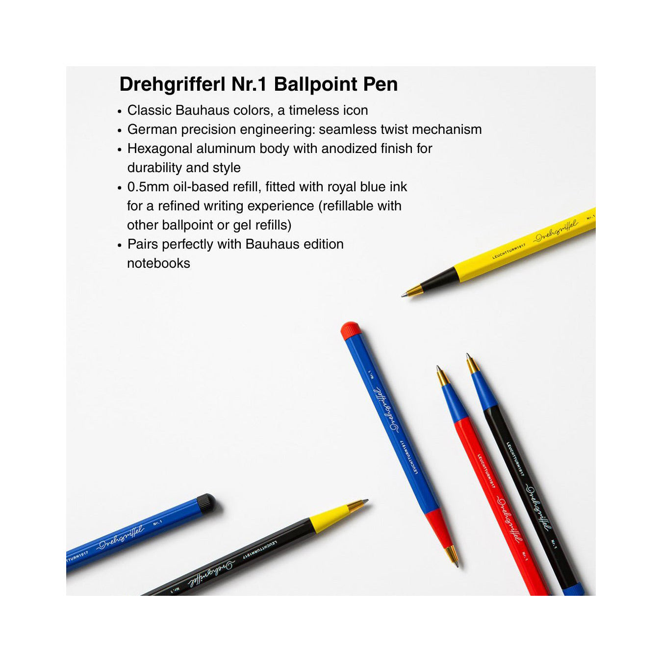 LEUCHTTURM1917 Ball Point Pen with Royal Blue Ink | Bauhaus Edition | Drehgriffel No. 1 | Black/Lemon | Twist Mechanism