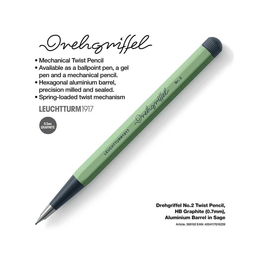 LEUCHTTURM1917 0.7mm Mechanical Clutch Pencil | Graphite HB Lead | Drehgriffel No. 2 | Sage Green | Twist Mechanism