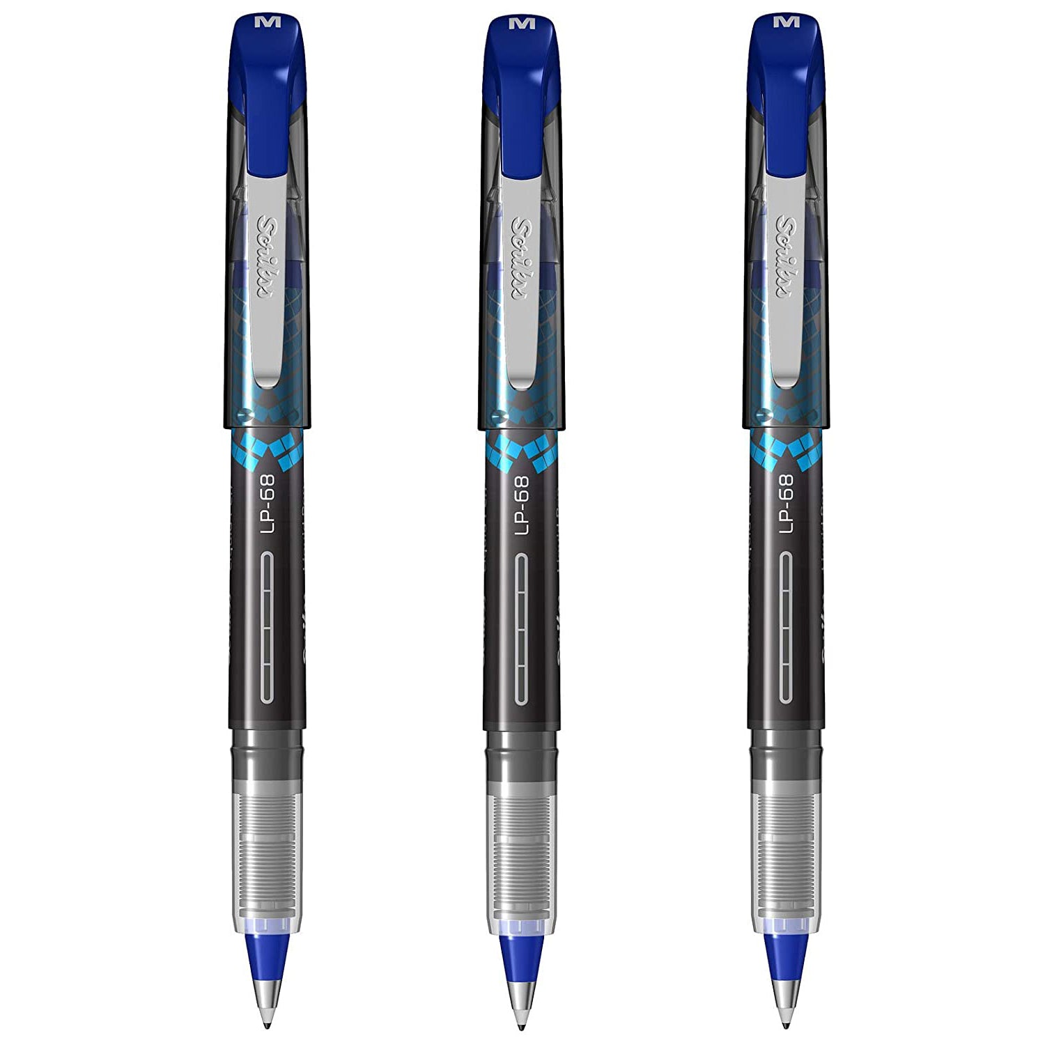 Scrikss Office 0.5 mm Liquid Ink Pen - Chrome Plated Tip & Controlled Ink Flow Adjustment System - LP68 Blue Set of 3