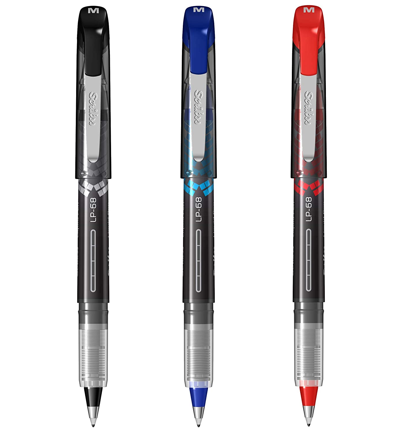 Scrikss Office 0.5 mm Liquid Ink Pen - Chrome Plated Tip & Controlled Ink Flow Adjustment System - LP68 Set of 3 (Black, Blue & Red)