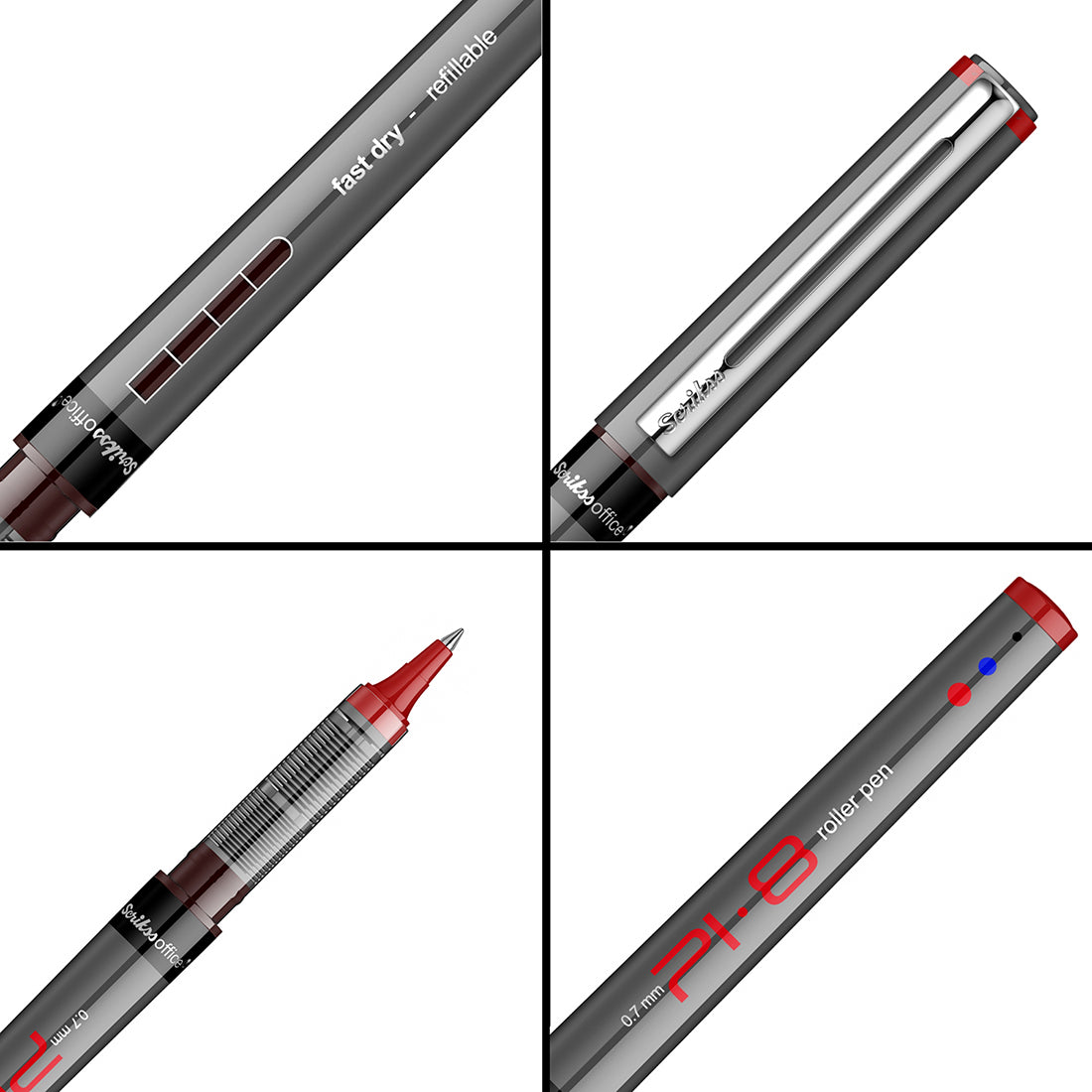 Scrikss PI-8 Roller Pen 0.7mm - Fast Drying Ink, Chrome Plated Tip, Ink Level Indicator - Set of 3 (Black, Blue & Red)