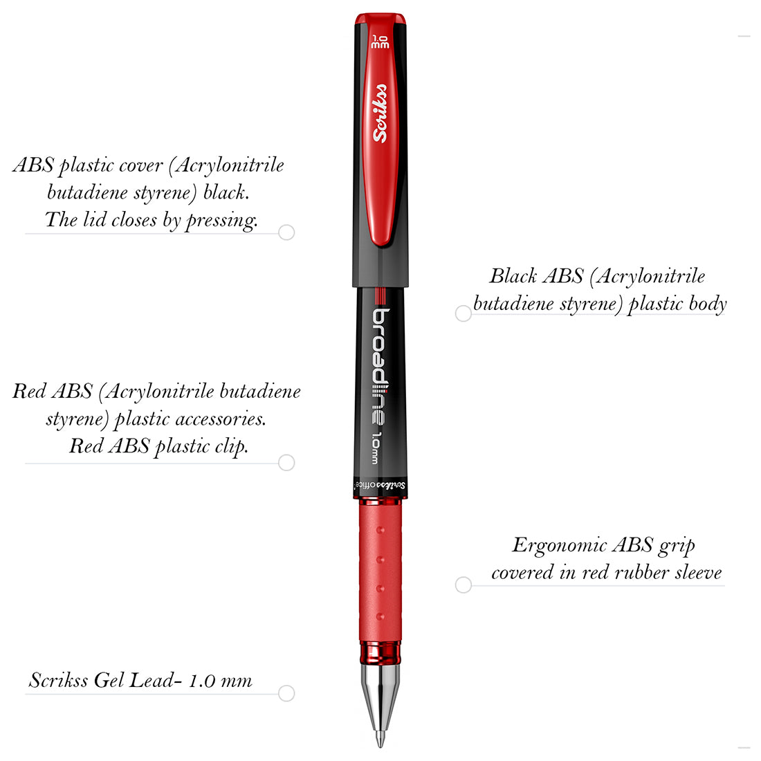Scrikss Office Broadline 1.0mm Gel Pen - Fast Dry Gel Ink, Smooth Writing, ABS Plastic Body - Set of 6 Pens (Red, Black & Blue)
