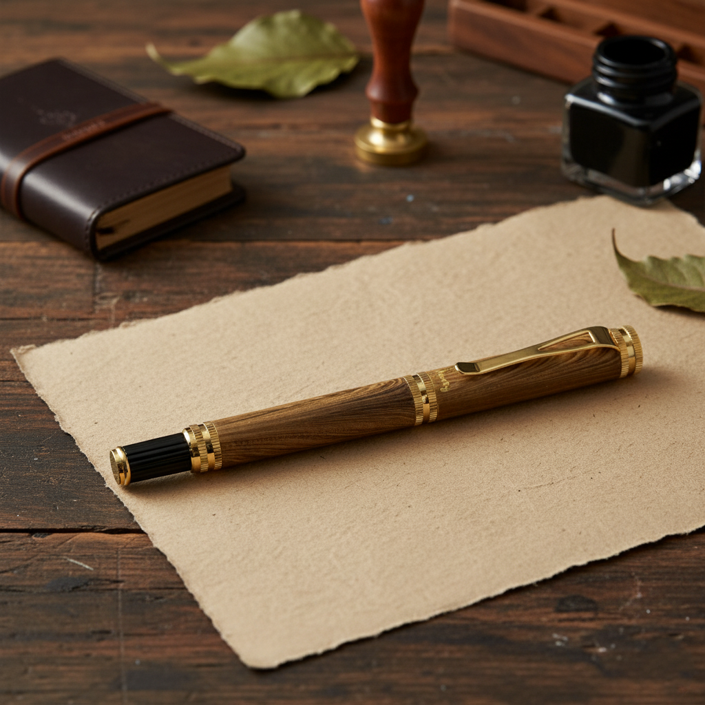 Acuity Wooden Look Roller Ball Point Pen - Smooth Metal Body & Gold Accessories - It Comes in a Pouch - 30009 Light Brown