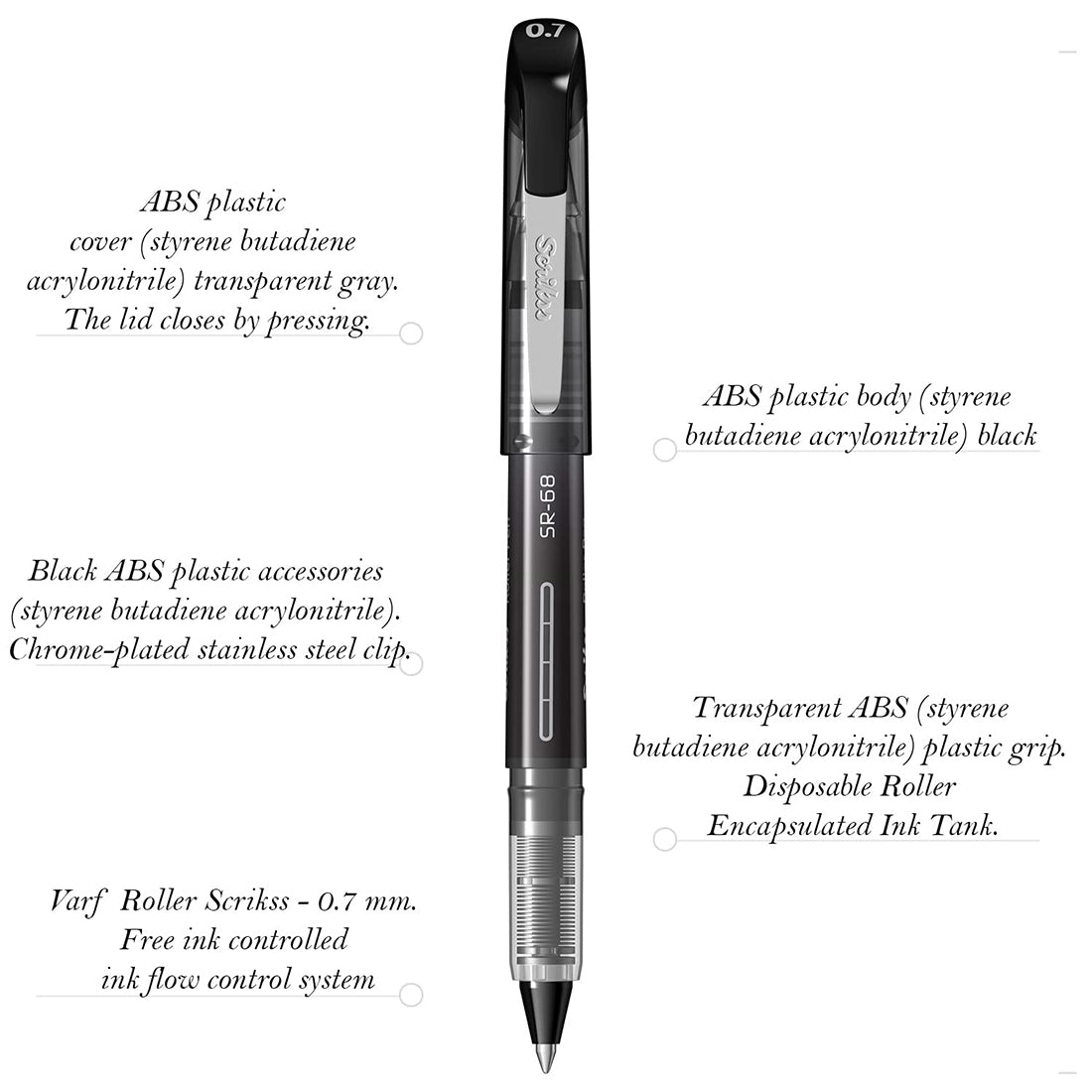 Scrikss Office 0.7 mm Roller Pen - Water Based Fast Drying Ink, ABS Plastic Body, Chrome Plated Tip - SR68 Black Set of 3