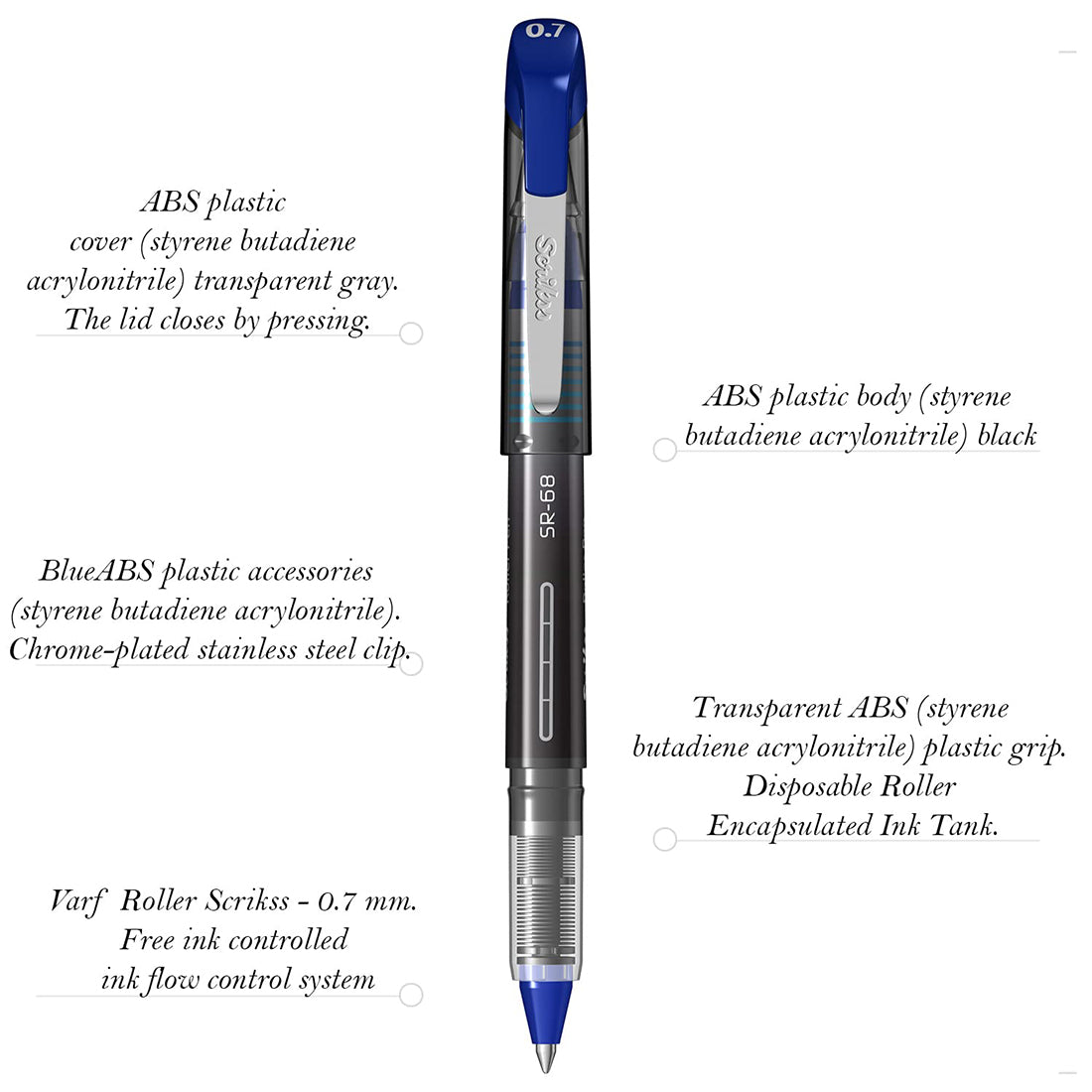 Scrikss Office 0.7 mm Roller Pen - Water Based Fast Drying Ink, ABS Plastic Body, Chrome Plated Tip - SR68 Blue Set of 3
