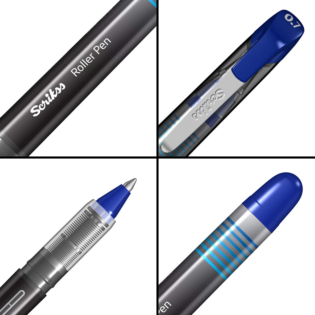 Scrikss Office 0.7 mm Roller Pen - Water Based Fast Drying Ink, ABS Plastic Body, Chrome Plated Tip - SR68 Blue Set of 3