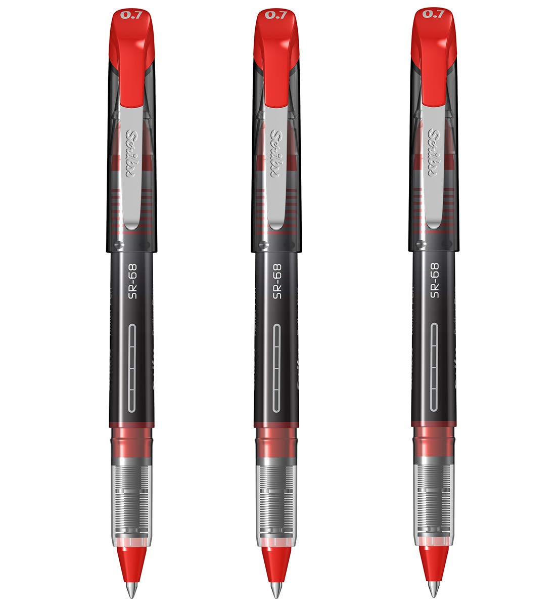Scrikss Office 0.7 mm Roller Pen - Water Based Fast Drying Ink, ABS Plastic Body, Chrome Plated Tip - SR68 Red Set of 3