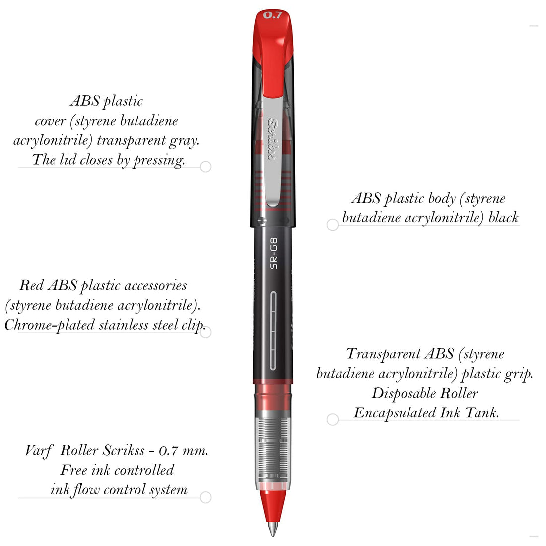 Scrikss Office 0.7 mm Roller Pen - Water Based Fast Drying Ink, ABS Plastic Body, Chrome Plated Tip - SR68 Red Set of 3