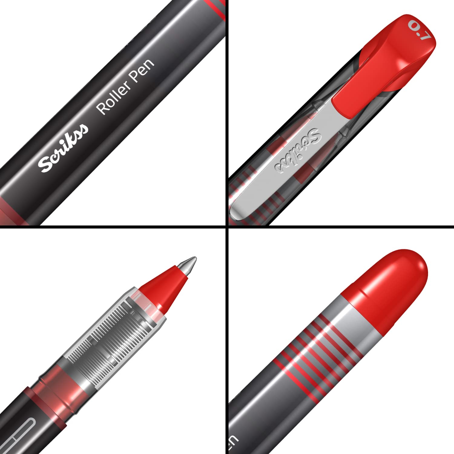 Scrikss Office 0.7 mm Roller Pen - Water Based Fast Drying Ink, ABS Plastic Body, Chrome Plated Tip - SR68 Red Set of 3