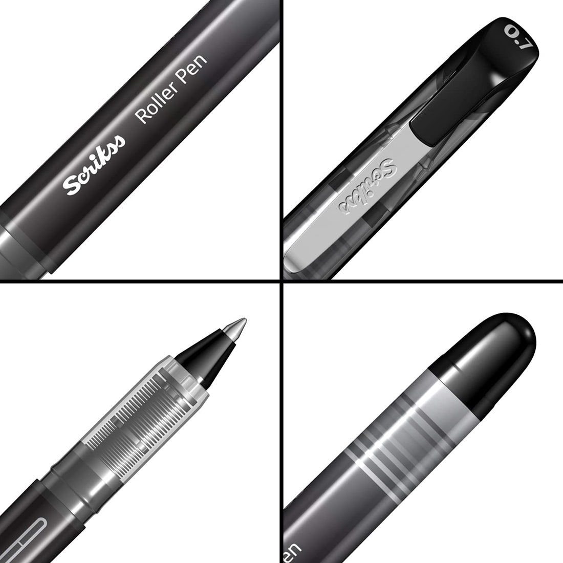 Scrikss Office 0.7 mm Roller Pen - Water Based Fast Drying Ink, ABS Plastic Body, Chrome Plated Tip - SR68 Black Set of 3