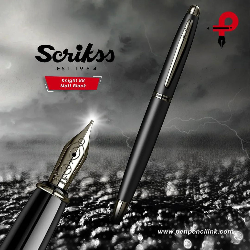 Scrikss | Knight 88 | Matte Black | Fountain Pen | Medium Nib With Iridium Point | Titanium Trim