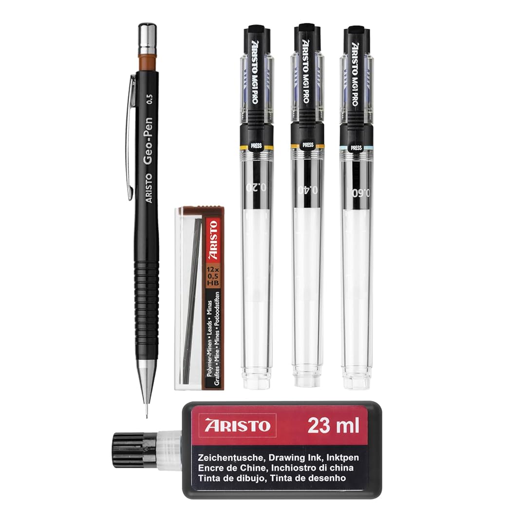 Aristo | 0.2mm 0.4mm 0.6mm Technical Drawing Pen | 0.5mm Mechanical Clutch Lead Pencil | Spare Leads | 23 ml Drawing Ink