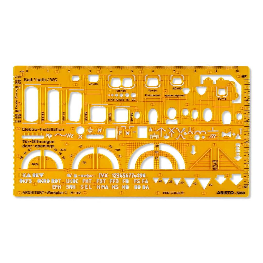 Aristo | Architecture Combination | Stencil 1 1:50 Symbols | Nubs Dimensionally Stable | Orange-Transparent PET Plastic