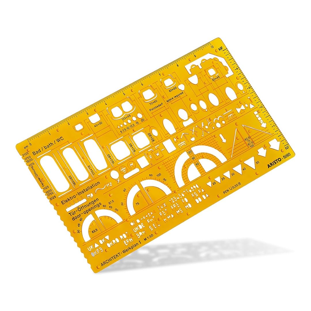 Aristo | Architecture Combination | Stencil 1 1:50 Symbols | Nubs Dimensionally Stable | Orange-Transparent PET Plastic