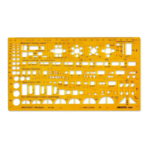 Aristo | Architecture Combination | Stencil 2 1:100 Symbols | Nubs Dimensionally Stable | Orange-Transparent PET Plastic