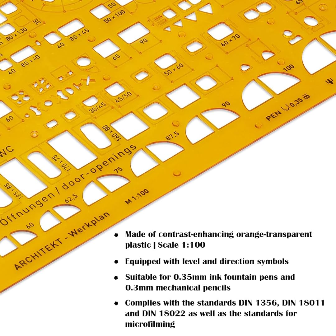 Aristo | Architecture Combination | Stencil 2 1:100 Symbols | Nubs Dimensionally Stable | Orange-Transparent PET Plastic