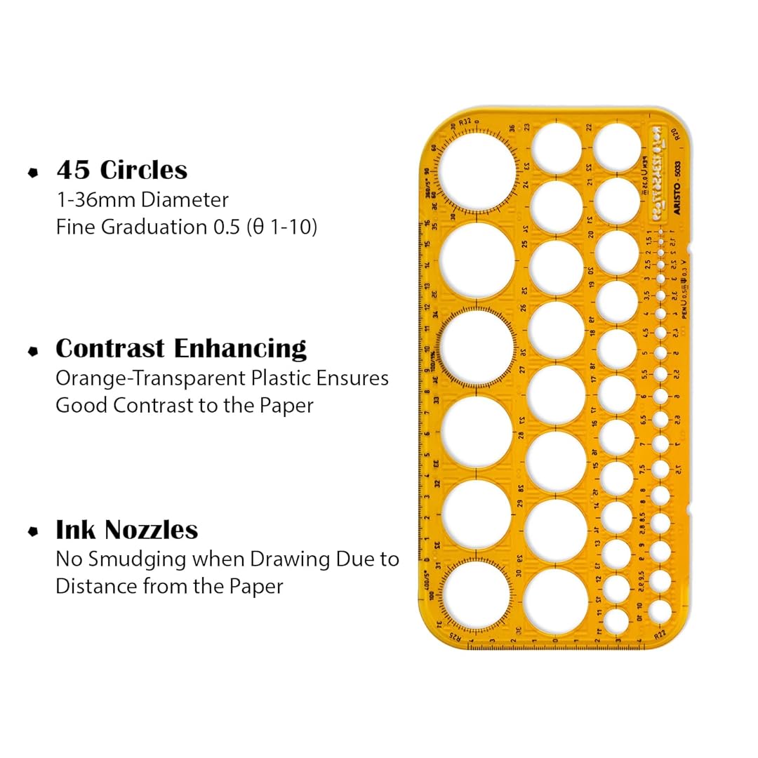 Aristo | Circle Round Shapes | Drawing Drafting Template Stencil | Ø from 1 to 36 mm | 45 Circles