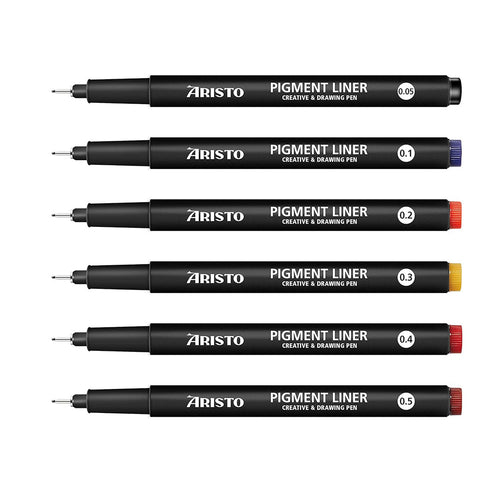 Aristo | Pigment Liner | 0.05, 0.1, 0.2, 0.3, 0.4, 0.5mm | Set of 6 Pens