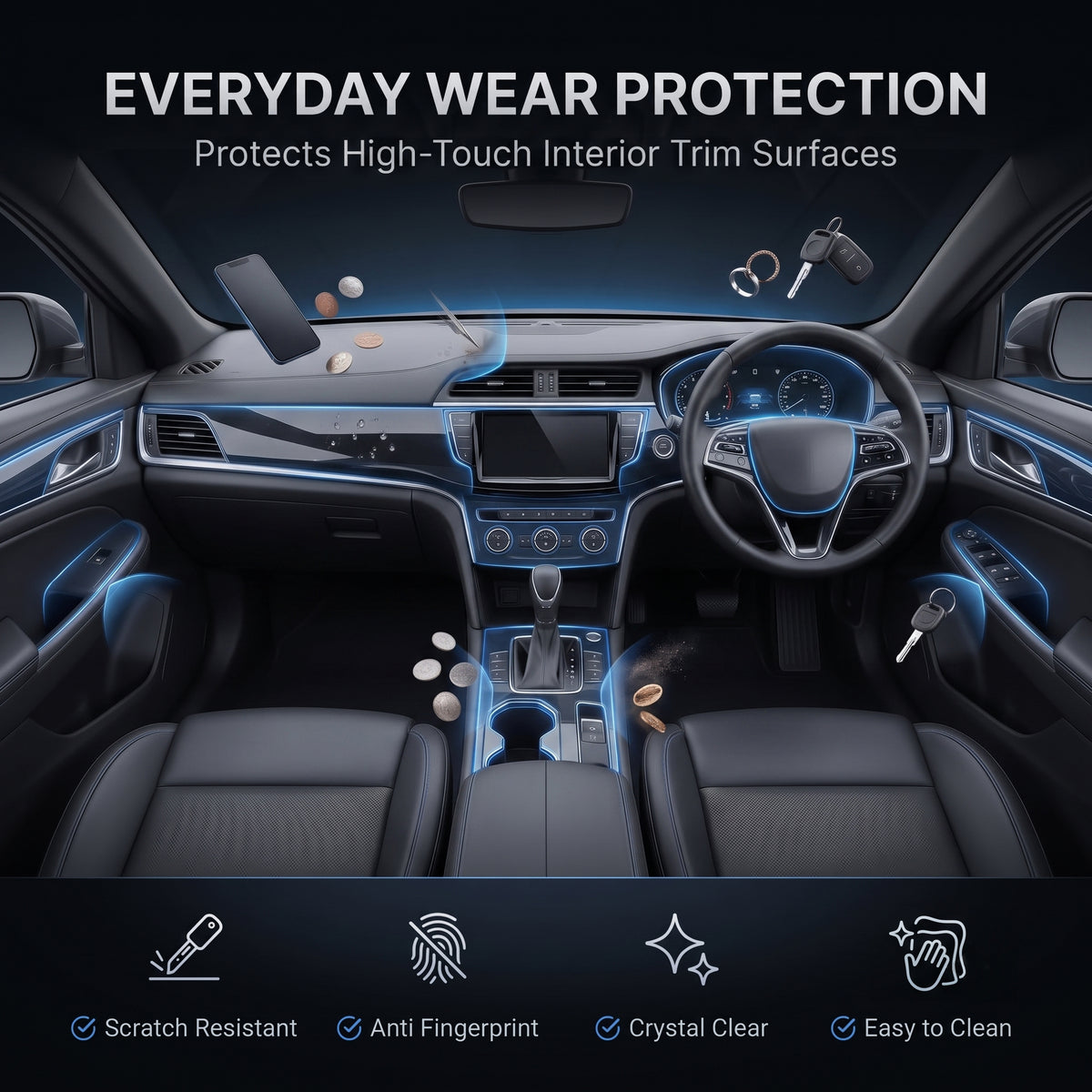 Hydrophobic clear finish interior PPF for car panels