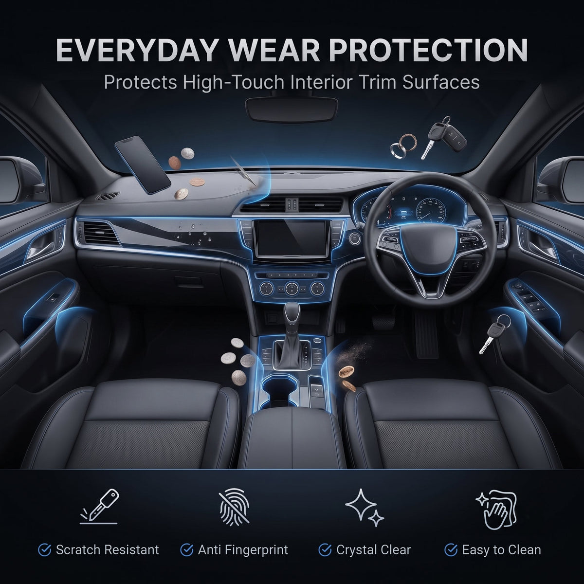 Hydrophobic clear finish interior PPF for car panels