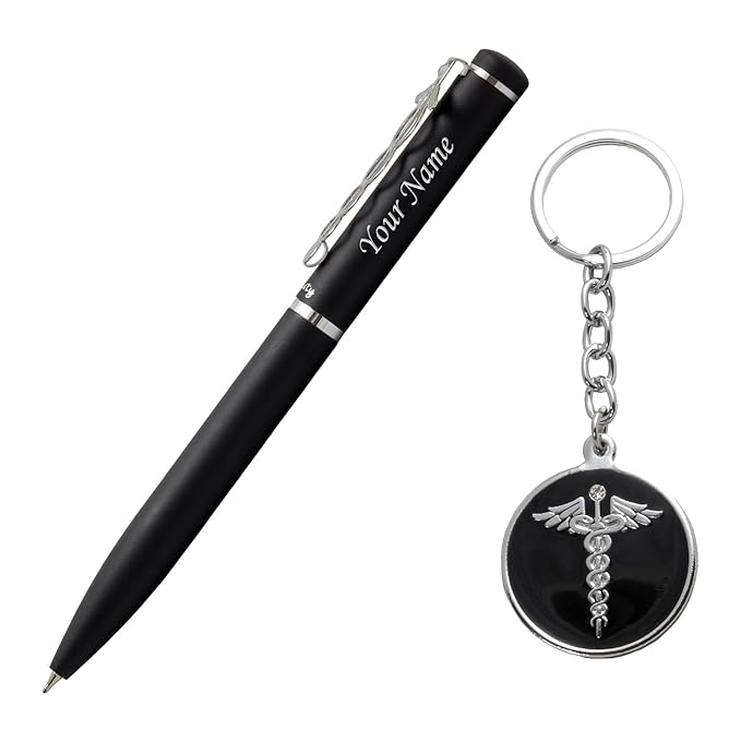 Acuity Metal Doctor Pen and Keychain Gift Set – Matte Black Finish Ballpoint Pen & Caduceus Medical Symbol Keyring with Gift Box – Good Gift for Doctors, Surgeons, & Medical Students - 10009 Set