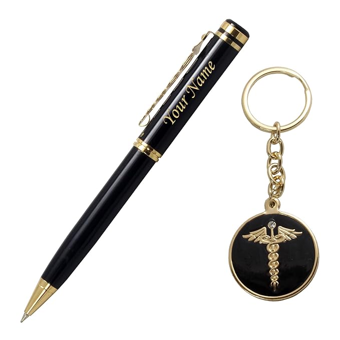 Acuity Metal Doctor Pen and Keychain Gift Set – Glossy Black Finish Ballpoint Pen & Caduceus Medical Symbol Keyring with Gift Box – Good Gift for Doctors, Surgeons, & Medical Students - 10011 Set