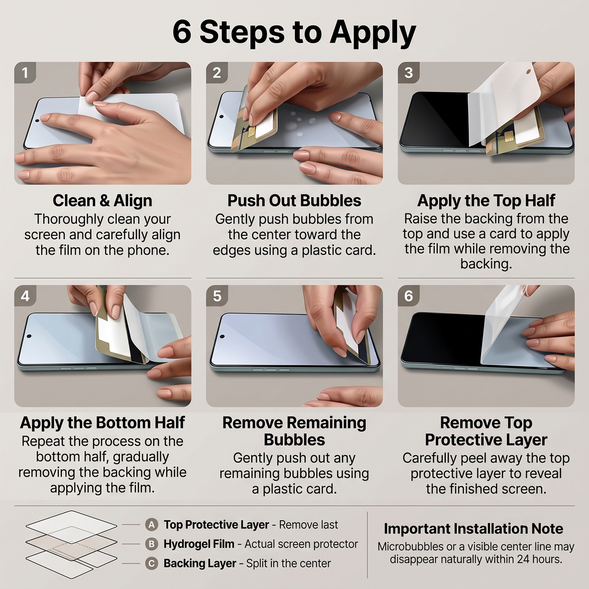 Acuity hydrogel screen protector application guide for Google Pixel 11 — 6 steps to apply