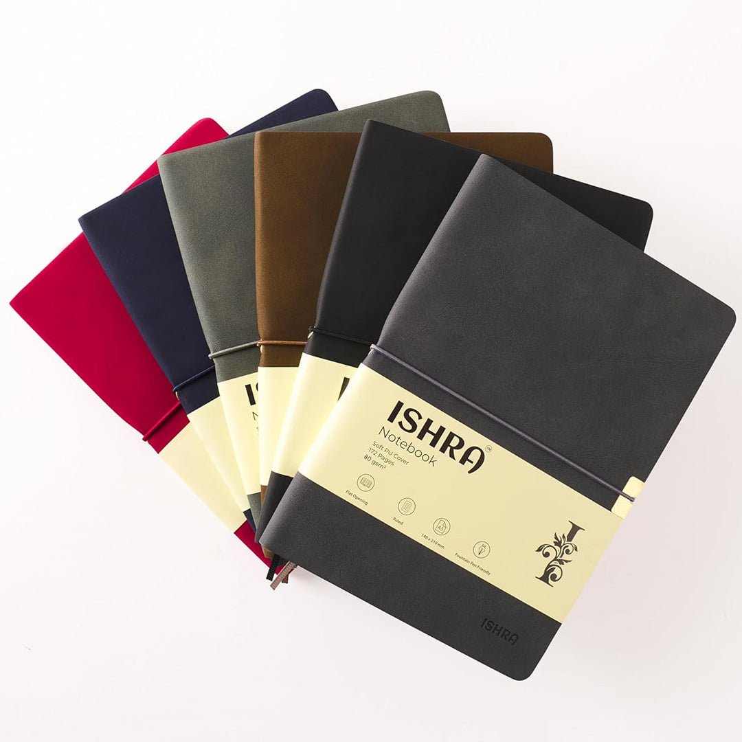 ISHRA A5 Size Ruled Notebook | Ideal Note Book Journal Diary for Work Office Writing Journaling Note Taking Travel | Dark Grey Soft Cover| 172 Pages | 80gsm | Fountain Pen Friendly Paper - penpencilink