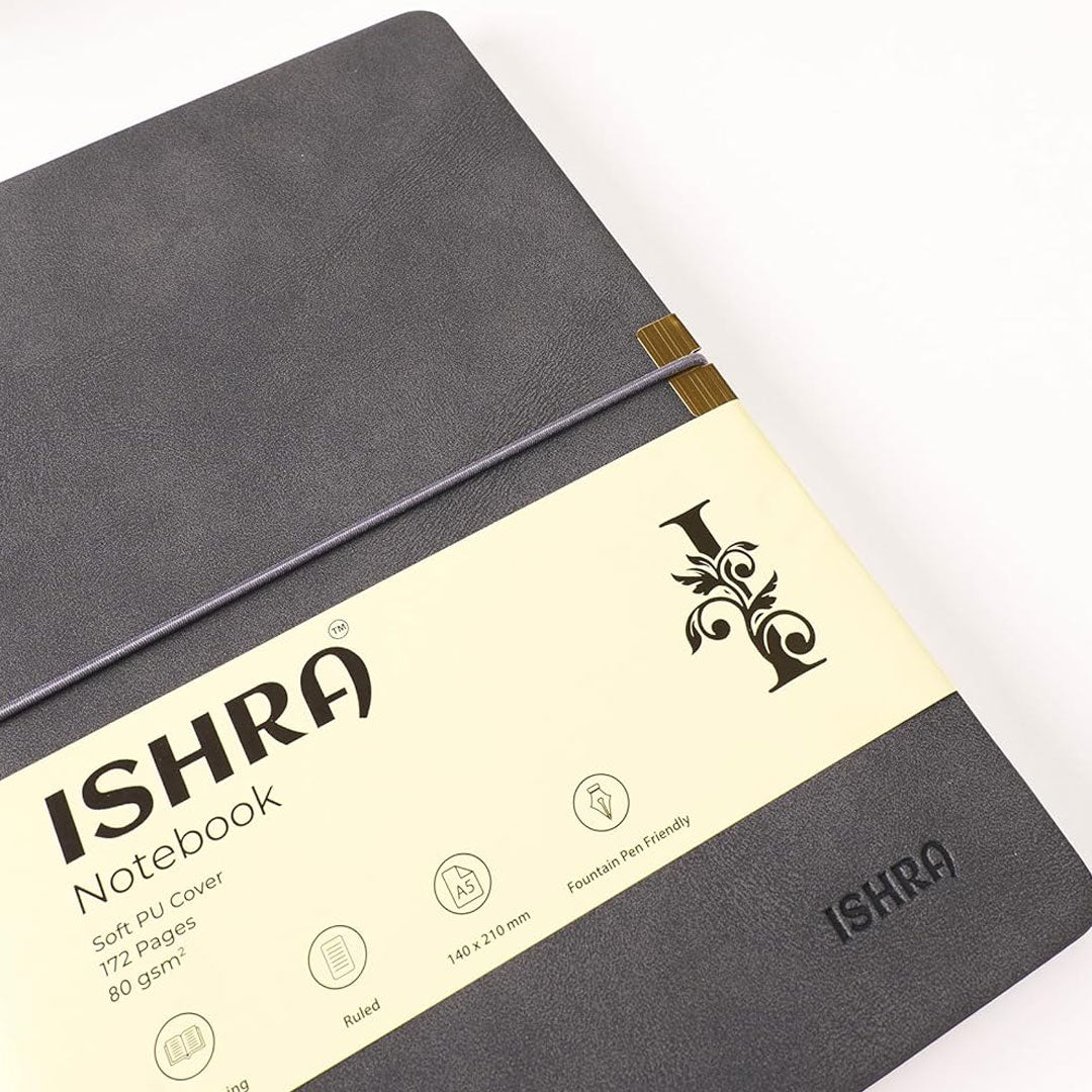 ISHRA A5 Size Ruled Notebook | Ideal Note Book Journal Diary for Work Office Writing Journaling Note Taking Travel | Dark Grey Soft Cover| 172 Pages | 80gsm | Fountain Pen Friendly Paper - penpencilink