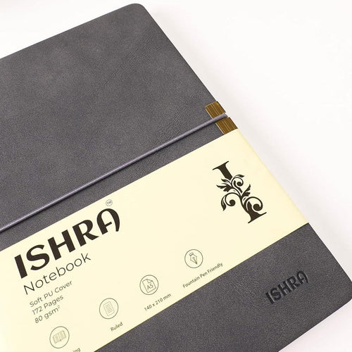 ISHRA A5 Size Ruled Notebook | Ideal Note Book Journal Diary for Work Office Writing Journaling Note Taking Travel | Dark Grey Soft Cover| 172 Pages | 80gsm | Fountain Pen Friendly Paper - penpencilink