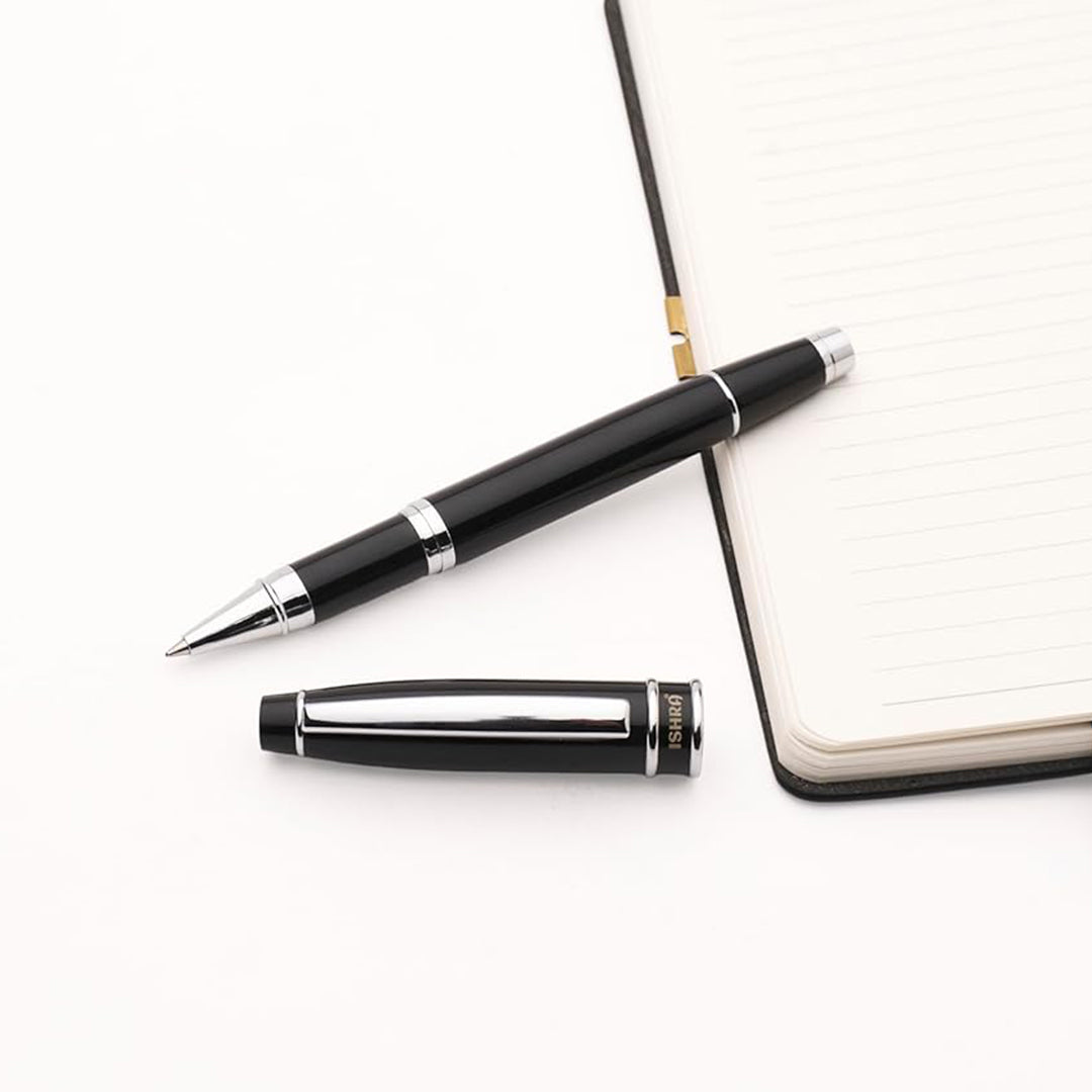 Ishra | Rollerball Pen | Luxury Metal Body | Chrome Trims | Black