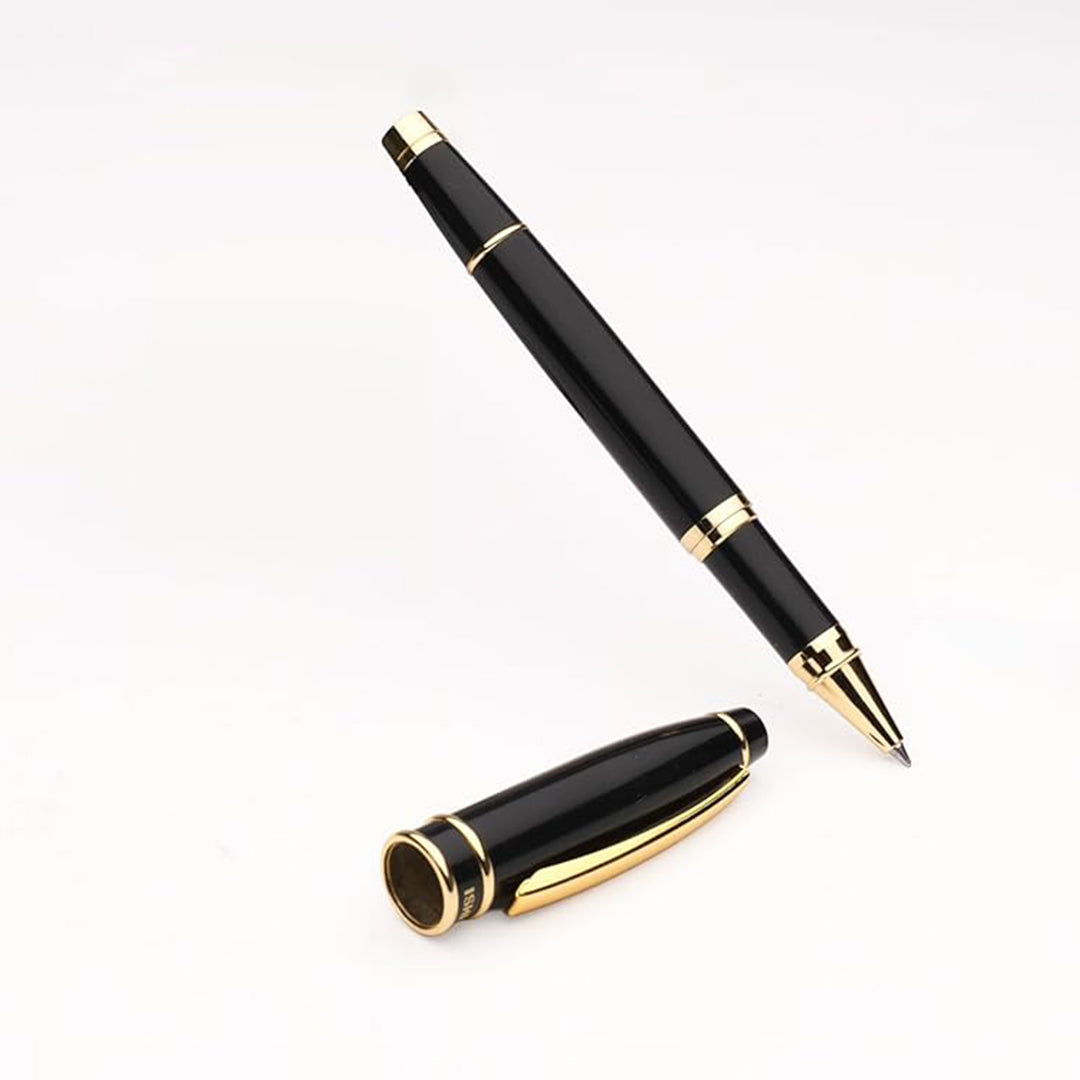 Ishra | Rollerball Pen | Luxury Metal Body | Gold Trims | Black
