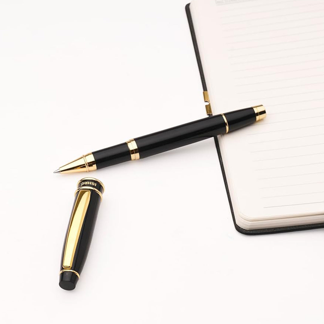 Ishra | Rollerball Pen | Luxury Metal Body | Gold Trims | Black
