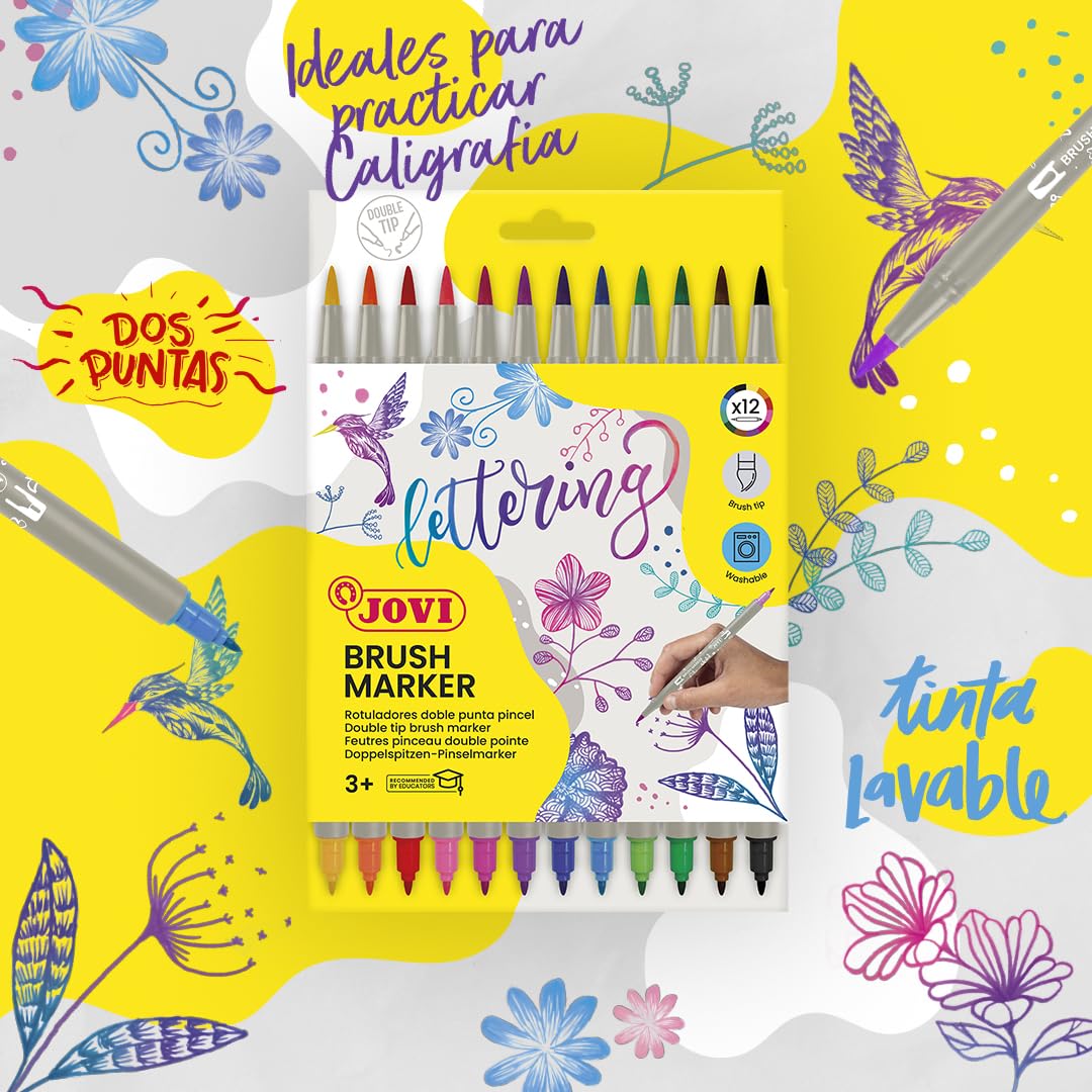 Jovi Brush Marker Set – Double - Tip Lettering Markers, 12 Vibrant Colours in Case - penpencilink