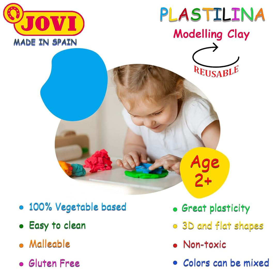Jovi Plastilina Yellow Lilac White Red Black Light & Dark Green Light & Dark Blue Brown Non-Drying Reusable Modelling Clay 10 Bars 50g Each Fine Motor Skills Moulding Pottery Sculpting Project Work