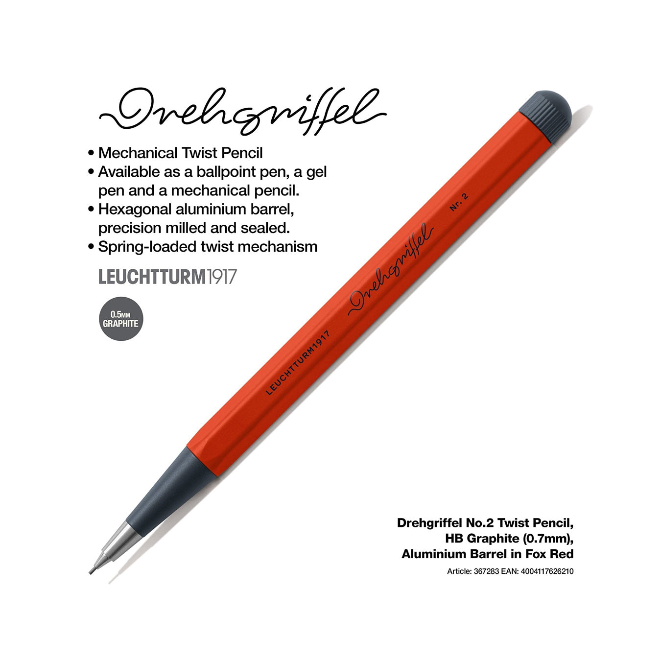 LEUCHTTURM1917 0.7mm Mechanical Clutch Pencil | Graphite HB Lead | Drehgriffel No. 2 |Fox Red | Twist Mechanism